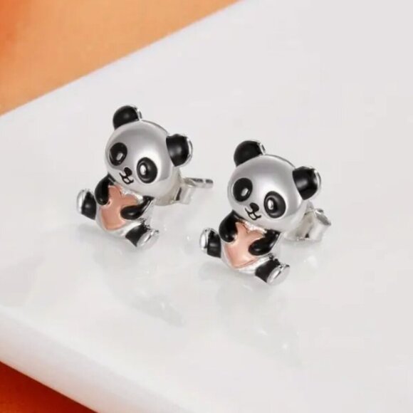 Cute Charming Panda and Pink Heart Stud Women's Fashion Earrings - Picture 2 of 3